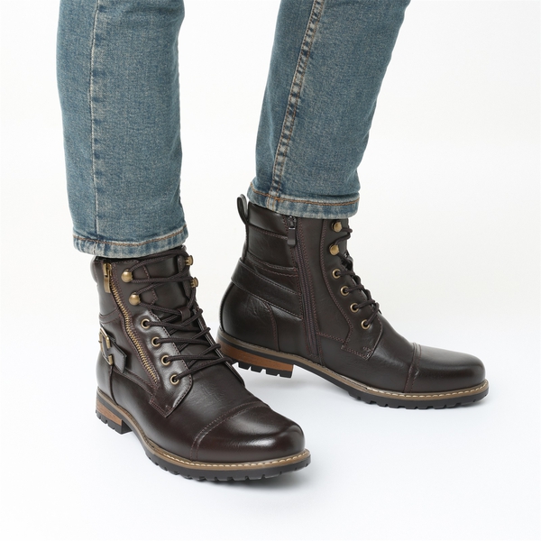 Men's Side Zipper Motorcycle Combat Boots - DARK BROWN - 6